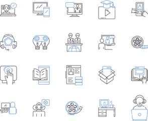 Media company outline icons collection. Media, Company, Broadcasting, Video, Production, Advertising, Television vector and illustration concept set. Press, Digital, Content linear signs