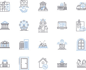 Houses and accomodation outline icons collection. Home, Accommodation, Residence, Abode, Lodging, Domicile, Dwelling vector and illustration concept set. Villa, Cottage, Mansion linear signs