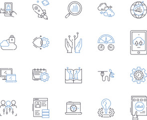 Robotic process automation outline icons collection. Robotics, Process, Automation, RPA, Machine, Learning, AI vector and illustration concept set. Automate, Computer, Software linear signs