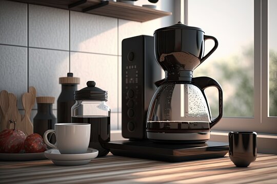 A morning beverage is brewed using a black electric drip coffee maker with a glass teapot. Household items, a white cup, and a jar of beans are visible on the kitchen table's countertop. Generative AI