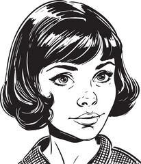 Vintage girl kids 60s style young kids . Retro comics black and white ink drawing, American cartoon advertising illustration, vector, SVG