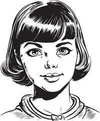 Vintage girl kids 60s style young kids . Retro comics black and white ink drawing, American cartoon advertising illustration, vector, SVG
