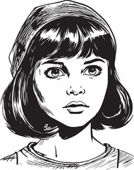 Vintage girl kids 60s style young kids . Retro comics black and white ink drawing, American cartoon advertising illustration, vector, SVG