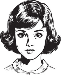 Vintage girl kids 60s style young kids . Retro comics black and white ink drawing, American cartoon advertising illustration, vector, SVG