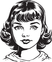 Vintage girl kids 60s style young kids . Retro comics black and white ink drawing, American cartoon advertising illustration, vector, SVG