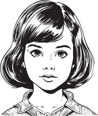Vintage girl kids 60s style young kids . Retro comics black and white ink drawing, American cartoon advertising illustration, vector, SVG