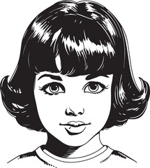 Vintage girl kids 60s style young kids . Retro comics black and white ink drawing, American cartoon advertising illustration, vector, SVG