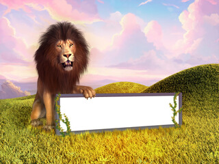 Male lion showing an empty billboard