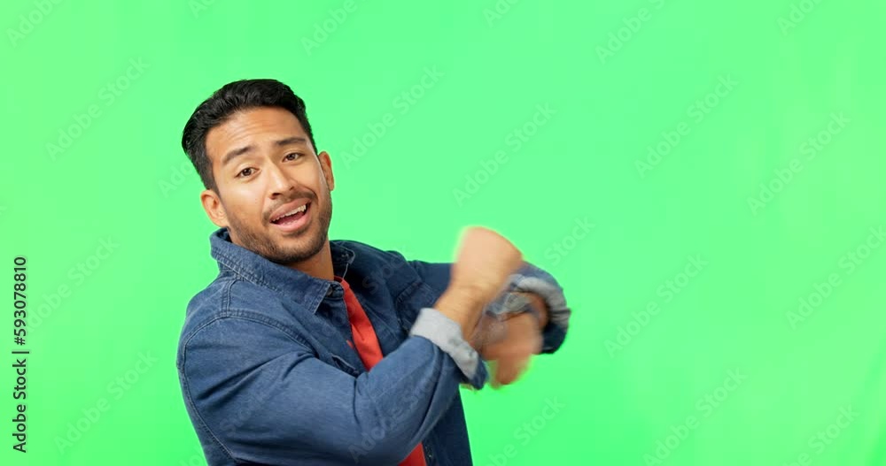 Poster Happiness, dance and man portrait in green screen excited with music and smile. Isolated, studio background and happy male model with celebration, energy and dancing with freedom and hip hop move