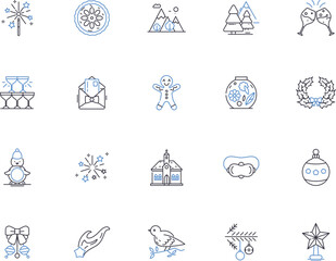 Christmas outline icons collection. Yuletide, Noel, Present, Decorate, Garland, Elf, Wreath vector and illustration concept set. Pudding, Stocking, Reindeer linear signs