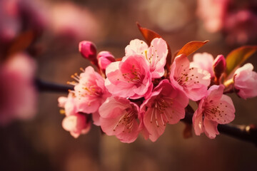 close-up of a cherry flower on a blurred background of a blooming garden .banner or wallpaper. copyspace. Generative AI
