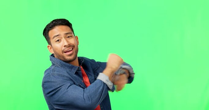 Happiness, dance and man portrait in green screen excited with music and smile. Isolated, studio background and happy male model with celebration, energy and dancing with freedom and hip hop move