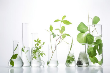 Fototapeta na wymiar Biology laboratory nature and science, plant and environmental study, gene therapy, DNA, with plants of biochemistry structures on white background, high quality generative ai