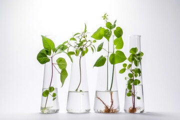 Biology laboratory nature and science, plant and environmental study, gene therapy, DNA, with plants of biochemistry structures on white background, high quality generative ai