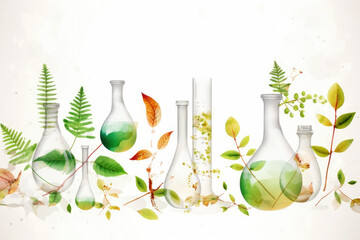 Biology laboratory nature and science, plant and environmental study, gene therapy, DNA, with plants of biochemistry structures on white background, illustration, high quality generative ai