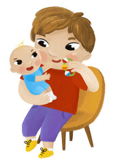 cartoon scene with older brother and younger toddler playing together family illustration for kids