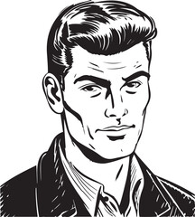 Vintage man  60s style young man . Retro comics black and white ink drawing, American cartoon advertising illustration, vector, SVG