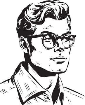 Vintage man in glasses 60s style young man . Retro comics black and white ink drawing, American cartoon advertising illustration, vector, SVG