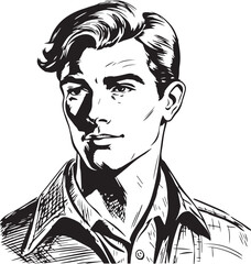 Vintage man  60s style young man . Retro comics black and white ink drawing, American cartoon advertising illustration, vector, SVG