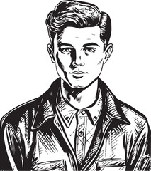 Vintage man  60s style young man . Retro comics black and white ink drawing, American cartoon advertising illustration, vector, SVG