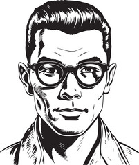 Fototapeta premium Vintage Japanese man 60s style young man . Retro comics black and white ink drawing, American cartoon advertising illustration, vector, SVG