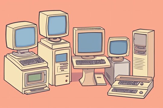 pile of outdated computer equipment in a storage room. Generative AI