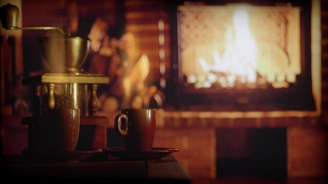 A cup of aromatic coffee standing on a table in front of a fireplace.	