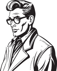 Vintage man in glasses 60s style young man . Retro comics black and white ink drawing, American cartoon advertising illustration, vector, SVG