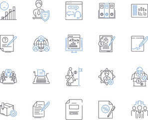 Credit management outline icons collection. Credit, Management, Accounts, Loans, Debts, Financials, Reconcile vector and illustration concept set. Risk, Evaluation, Monitoring linear signs