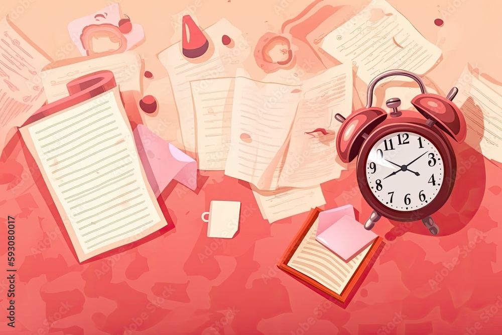 Poster red alarm clock beside a stack of papers, symbolizing time management and organization. generative a
