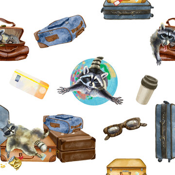 Seamless pattern with traveler raccoons with bags, suitcases and a globe. Ticket, coffee, sunglasses, everything you need to travel. For printing on fabric, wallpaper, wrapping paper, website design