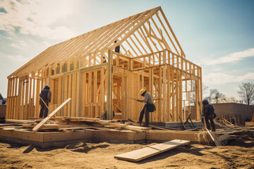 Typical american wooden house construction site with workers doing work, high quality generative ai