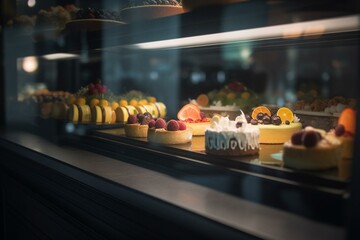 Delicious dessert and sweet in the showcase window of pastry shop. Generative AI