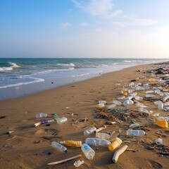 Fototapeta na wymiar Beach pollution. Plastic bottles and other trash on the beach