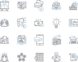 Bank office space outline icons collection. Bank, Office, Space, Banking, Branch, Building, ATM vector and illustration concept set. Room, Interior, Lease linear signs