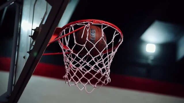 Basketball hits the hoop, slow motion