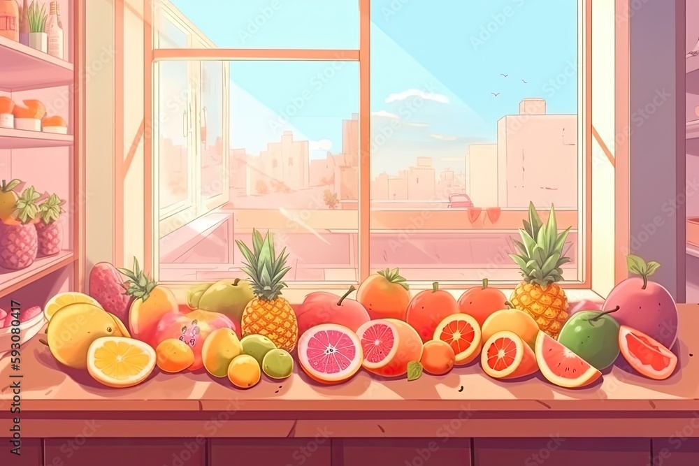Poster bountiful fruit display on a table by a window. generative ai