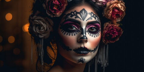 Naklejka na ściany i meble A fictional person. Illustration of a portrait of a woman with day of the dead makeup, dia de los muertos, generative AI
