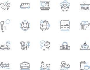 Travel and active people outline icons collection. Travellers, Active, Adventurers, Explorers, Trekkers, Hikers, Nomads vector and illustration concept set. Wanderers, Journeyers, Excursionists linear