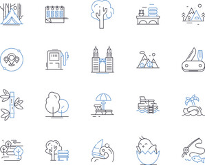 Wildnature trip outline icons collection. Wildnature, trip, hiking, camping, safari, backpacking, bushwalking vector and illustration concept set. trekking, exploring, outdoors linear signs