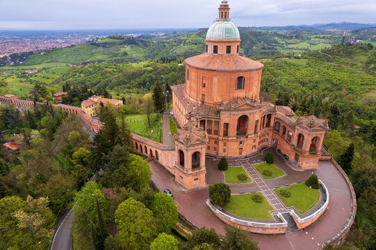 Aerial view of sanctuary of Madonna di San Luca in Bologna