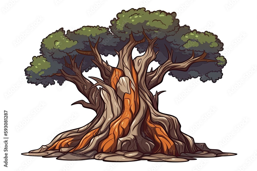 Poster an ancient tree with complex root system. generative ai