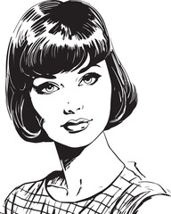 Vintage woman 60s style young woman. Retro comics woman head black and white ink drawing, American cartoon advertising illustration, vector, SVG