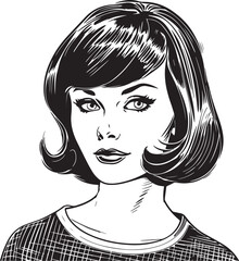 Vintage woman 60s style young woman. Retro comics woman head black and white ink drawing, American cartoon advertising illustration, vector, SVG