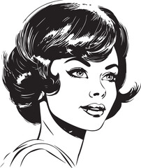 Vintage woman 60s style young woman. Retro comics woman head black and white ink drawing, American cartoon advertising illustration, vector, SVG