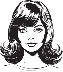 Vintage woman 60s style young woman. Retro comics woman head black and white ink drawing, American cartoon advertising illustration, vector, SVG