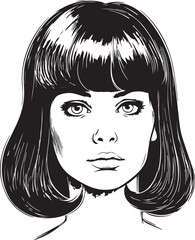 Vintage woman 60s style young woman. Retro comics woman head black and white ink drawing, American cartoon advertising illustration, vector, SVG