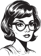 Vintage woman in glasses 60s style young woman. Retro comics woman head black and white ink drawing, American cartoon advertising illustration, vector, SVG