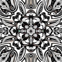 ethnic floral ornament, black and white folklore motif isolated on white background, botanical square kerchief design, traditional embroidery pattern, modern boho fashion print,