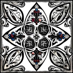 ethnic floral ornament, black and white folklore motif isolated on white background, botanical square kerchief design, traditional embroidery pattern, modern boho fashion print,